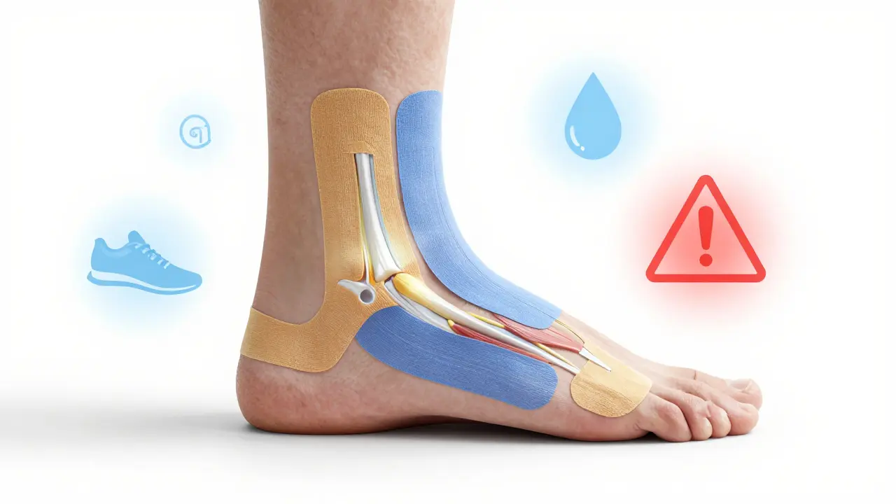 Průřez kotníku s kineziologickým tejpem a symboly podpory, hydratrace a pohybu.