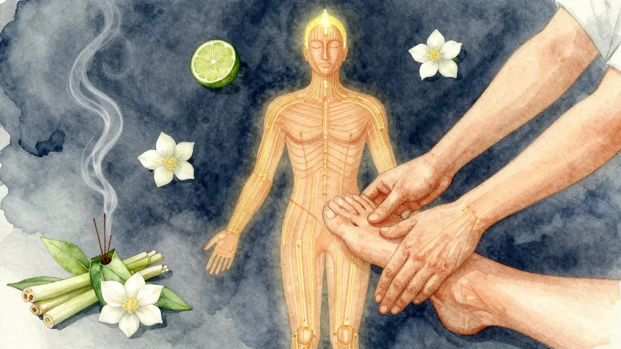 Tělo s jemně zářícími energetickými linkami od prstů k hlavě, masér provádí pohyby podél těchto cest, okolo květiny a kouře.