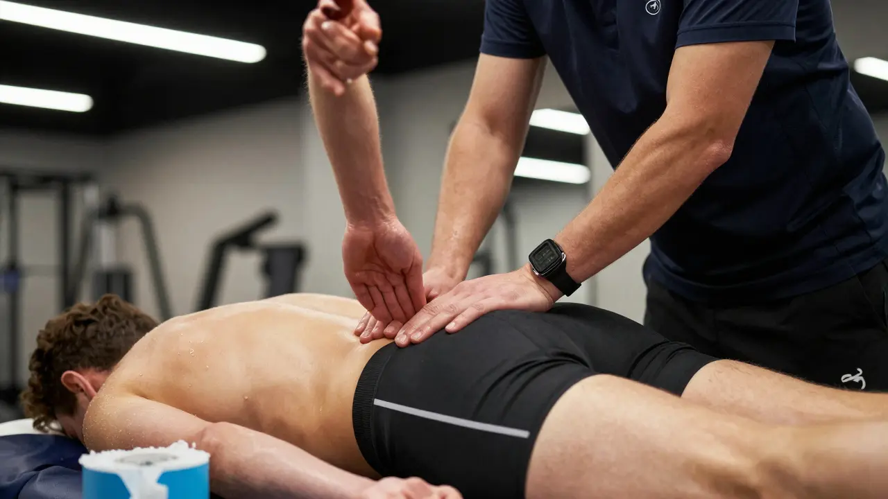 Triatlonista dostává rychlou masáž záda mezi etapami závodu s rychlými pohyby ruky.