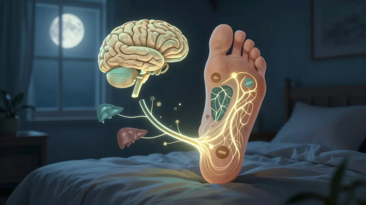 Chodidlo s osvětlenými nervovými spojeními k orgánům těla.