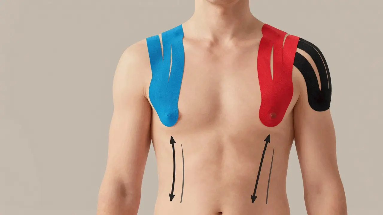 Kinesiologický tejp na těle ukazuje zvedání kůže a tok krve pod ním.