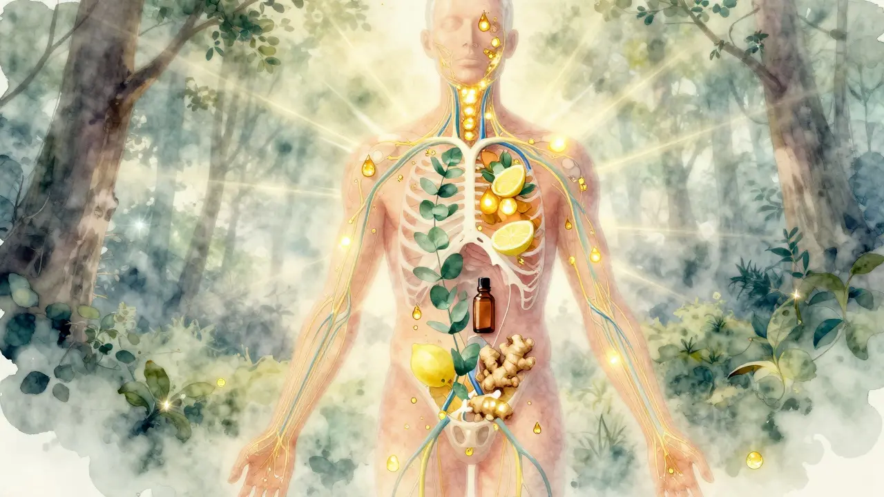 Lymfatický systém člověka s přehledně zvýrazněnými cestami a kapkami esenciálních olejů.