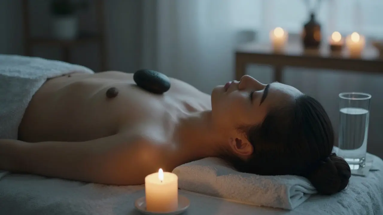 Osoba po masáži klidně spí s lávovým kamenem na čele ve výrazně uvolněném stavu.