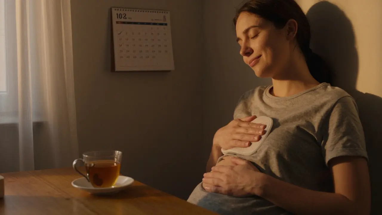 Pokojová scéna večer: osoba s očima zavřenými, klidně masírující břicho při světle čaje na stole.