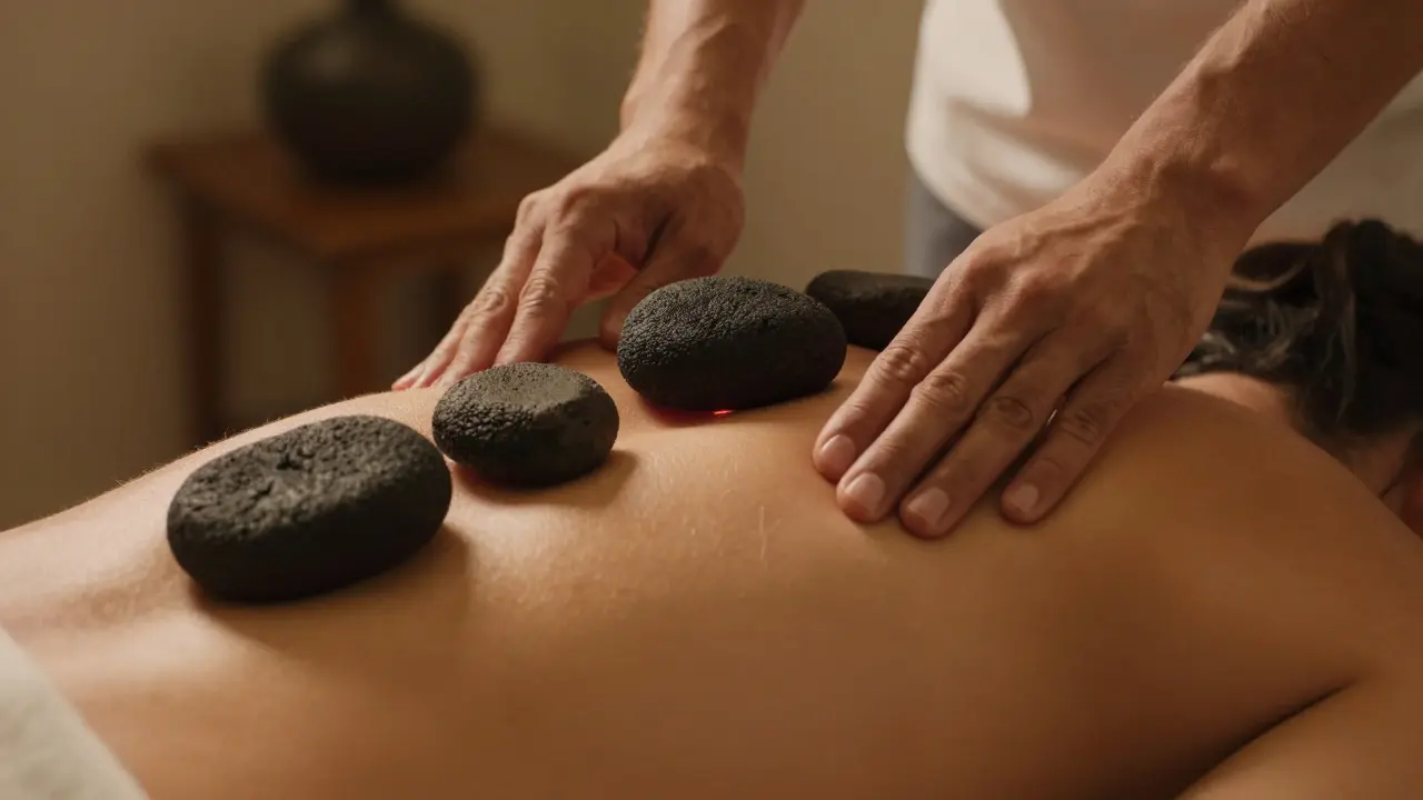Ruce terapeuta masírují záda pomocí horkých lávových kamenů s viditelným uvolněním svalů.