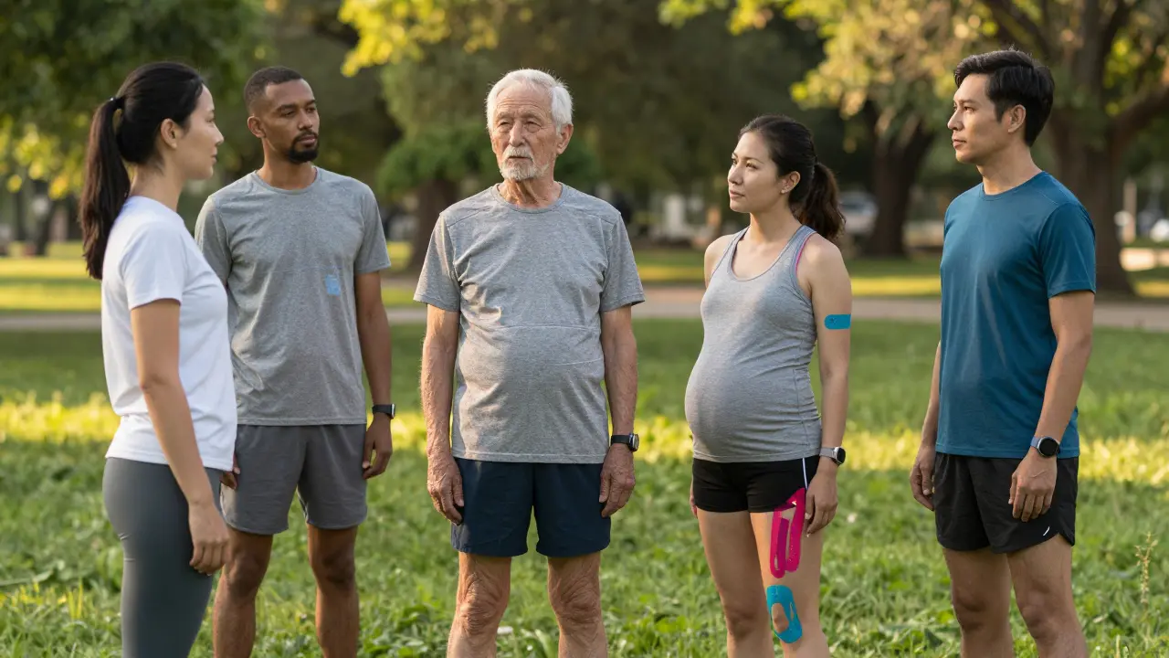 Různí lidé s tejpem na těle — učitelka, starší muž, těhotná žena, atlet.