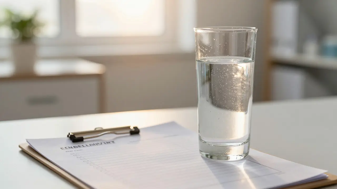 Sklenice vody s kapkami a abstraktní seznam zdraví