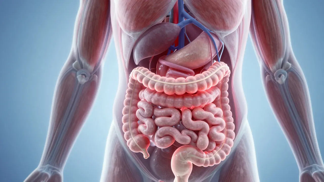 Translucenční zobrazení zvýšeného krevního oběhu a střevní peristaltiky při masáži břicha.