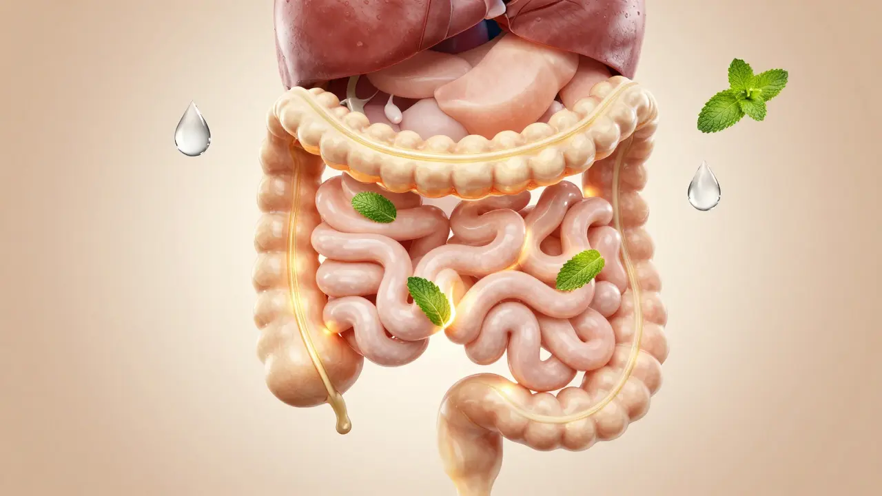 Abstraktní obraz rytmického pohybu a průtoku krve v trávicím systému.
