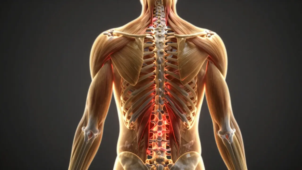 Anatomický model s červeně zvýrazněnými bolestivými uzly v zádech a ramenech.