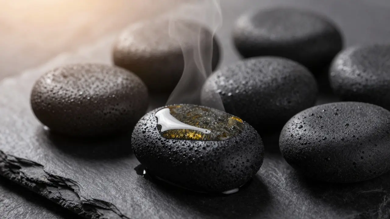 Detail hladkých černých bazaltových kamenů s esenciálním olejem a jemnou párou.