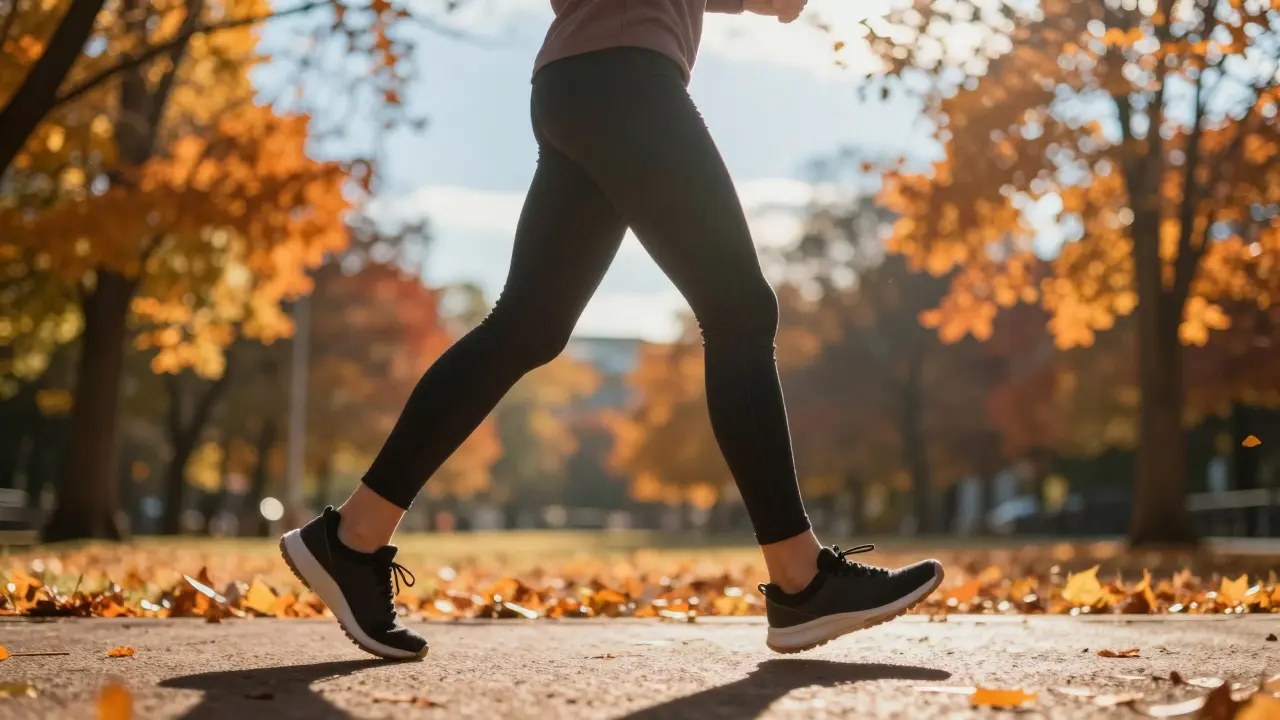 Detail nohou osoby při rychlé chůzi v parku, symbolizující podporu lymfatického systému pohybem.