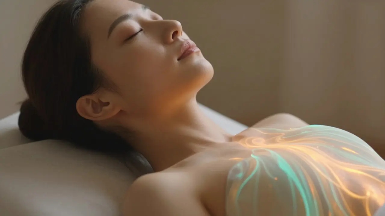 Klidná osoba s proudícími světelnými proudy energie v oblasti hrudníku a ramen.