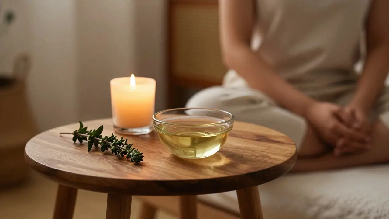 Klidný domácí wellness rituál s teplým olejem, svíčkou a relaxační atmosférou.