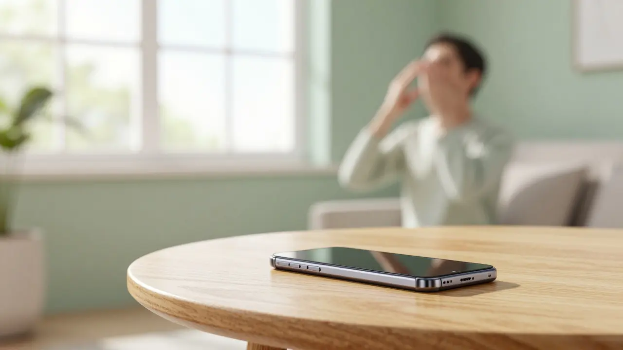 Klidný interiér s odloženým telefonem a osobou praktikující vědomé dýchání.