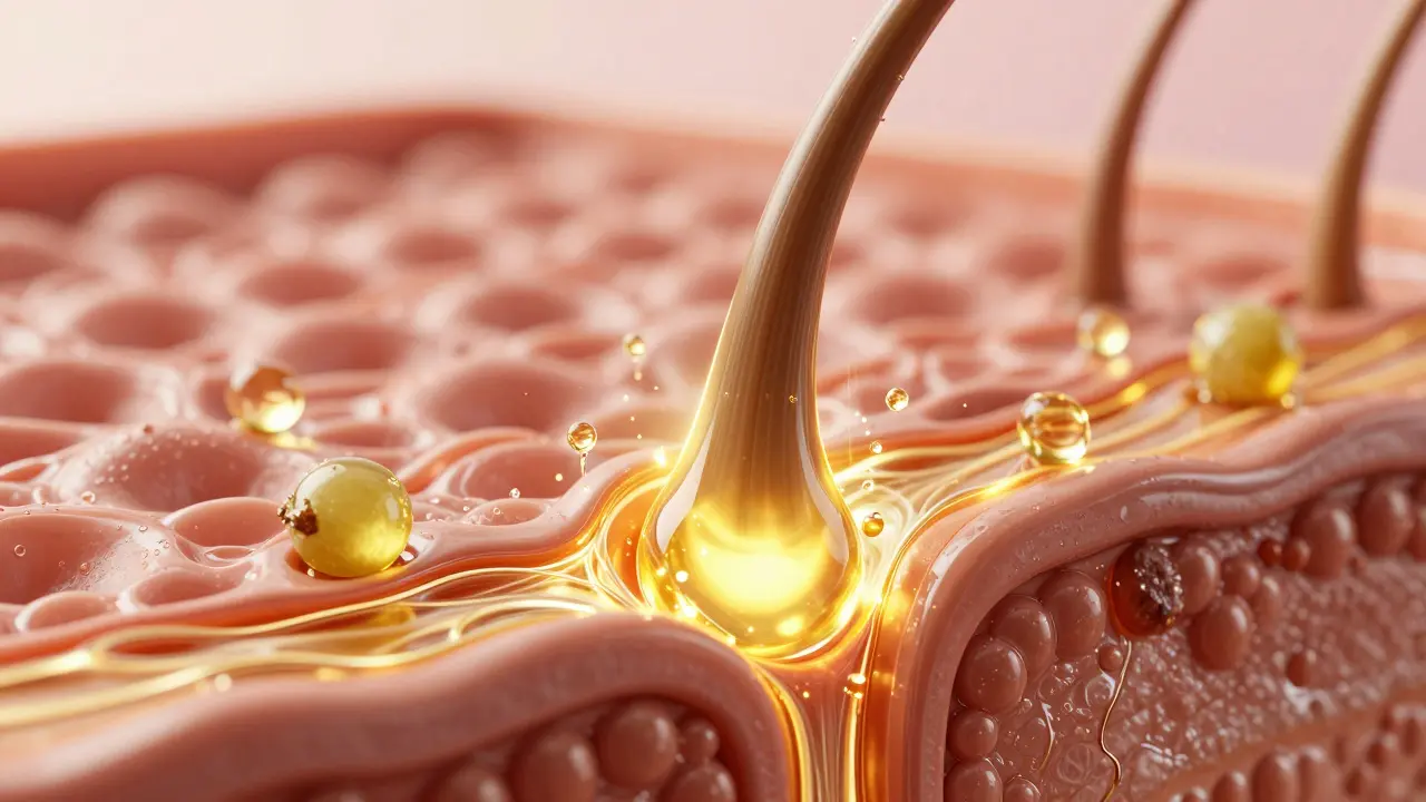 Konceptuální detail vlasového folikulu vyživovaného zlatým olejem a prokrvením.