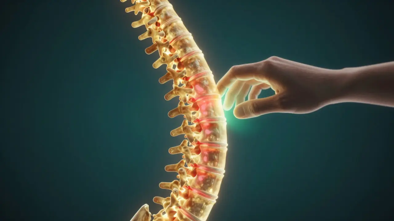 Konceptuální zobrazení páteře a uvolňování reflexních bodů pomocí Dornovy metody.