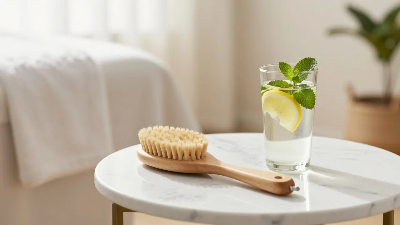 Krásně uspořádaný masážní kartáč a sklenice vody v minimalistickém wellness interiéru.