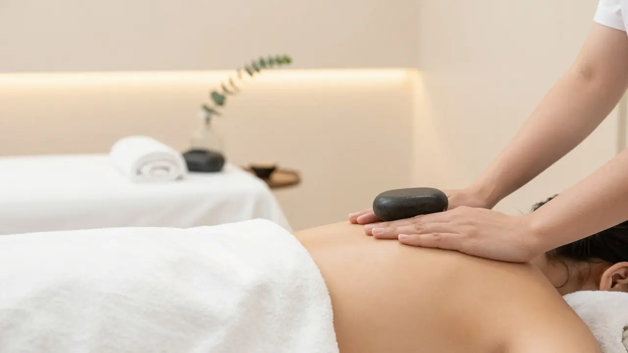Moderní wellness masáž s použitím horkých lávových kamenů v minimalistickém spa.