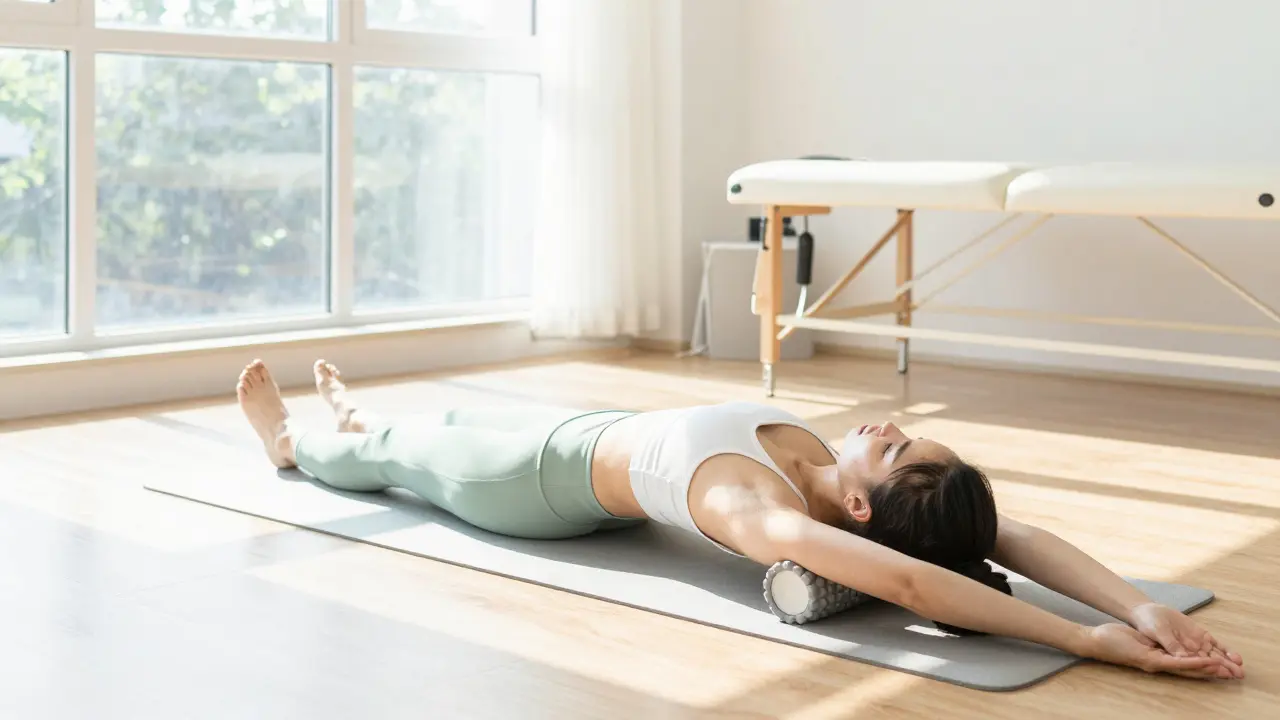 Osoba při cvičení s pěnovým válcem v moderní fyzioterapeutické klinice.