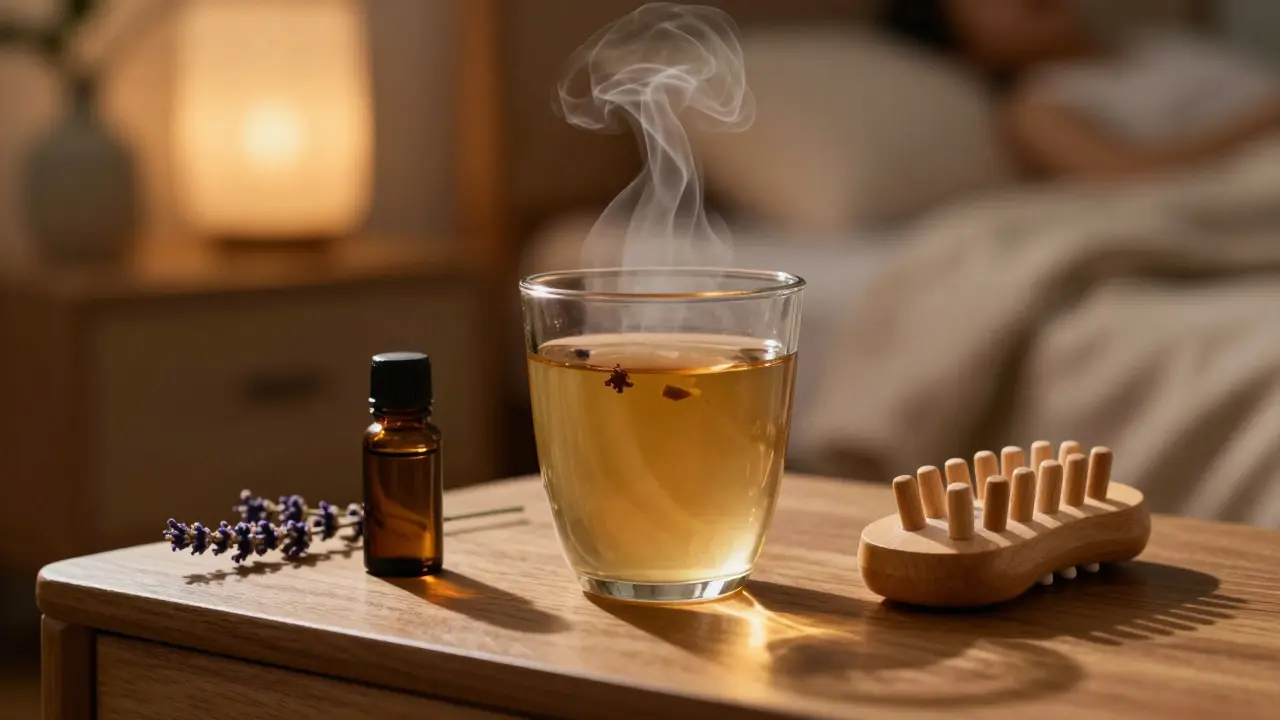 Sada pro večerní relaxační rituál s bylinkovým čajem a olejem