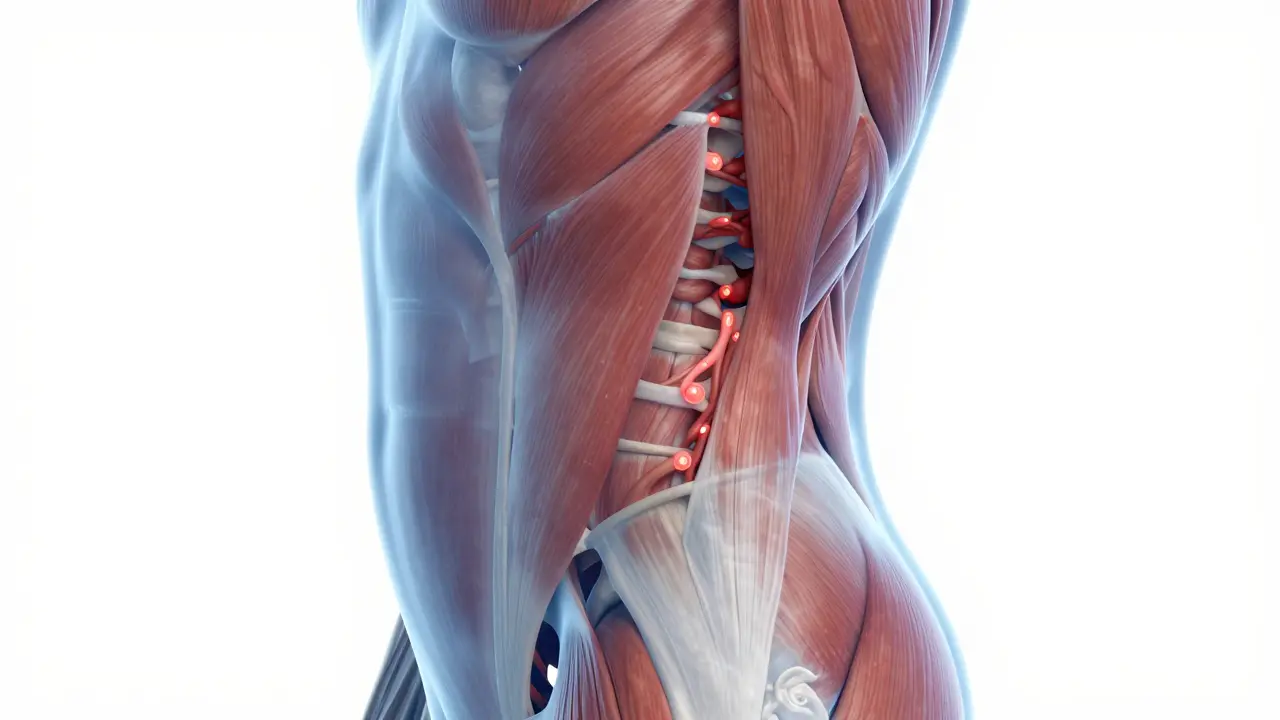 Anatomické zobrazení svalů a páteře s bodovými uzlinami.