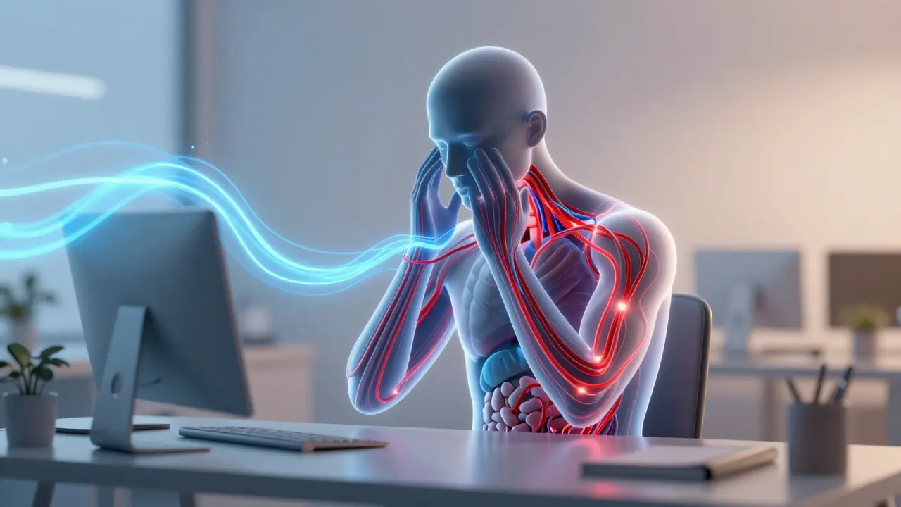 Konceptuální ilustrace uvolnění stresových nervů a zlepšení mentální jasnosti.