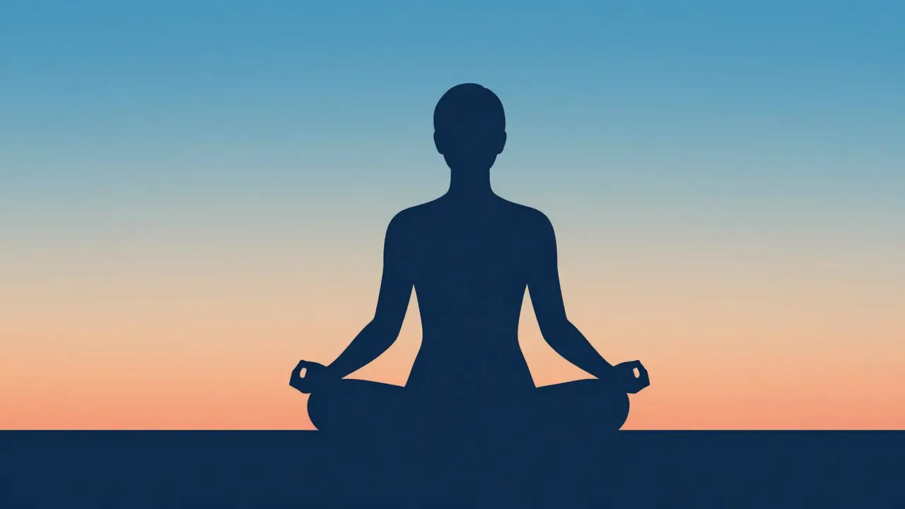 Meditativní silueta s odplouvajícími světelnými částicemi představujícími uvolnění stresu.