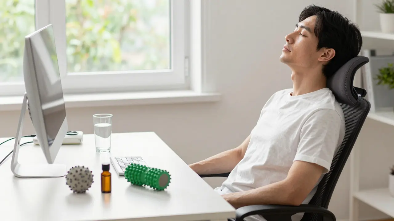 Relaxovaná osoba u ergonomického stolu s vodou a masážním válčkem
