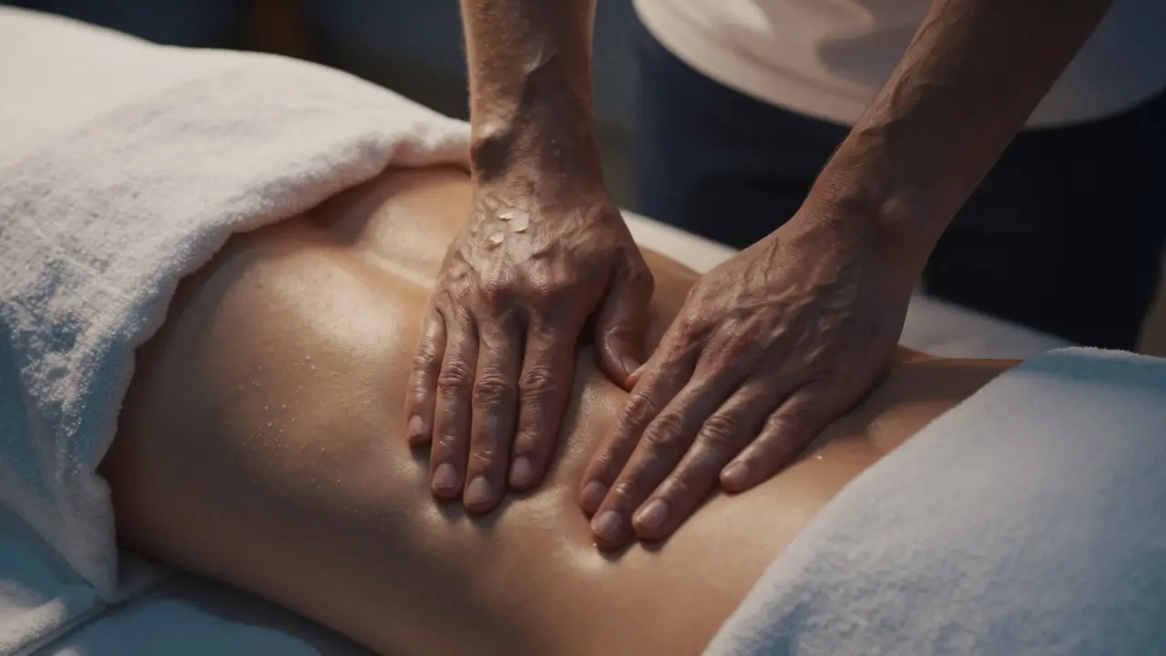 Detailní záběr na terapeutické ruce při hluboké masáži zad