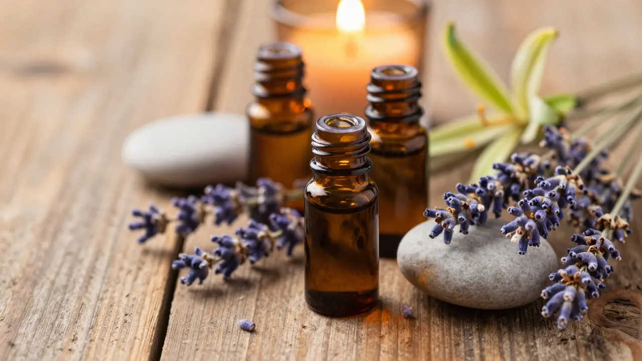 Éterické oleje levandule a sušené květy pro aromaterapii spánku