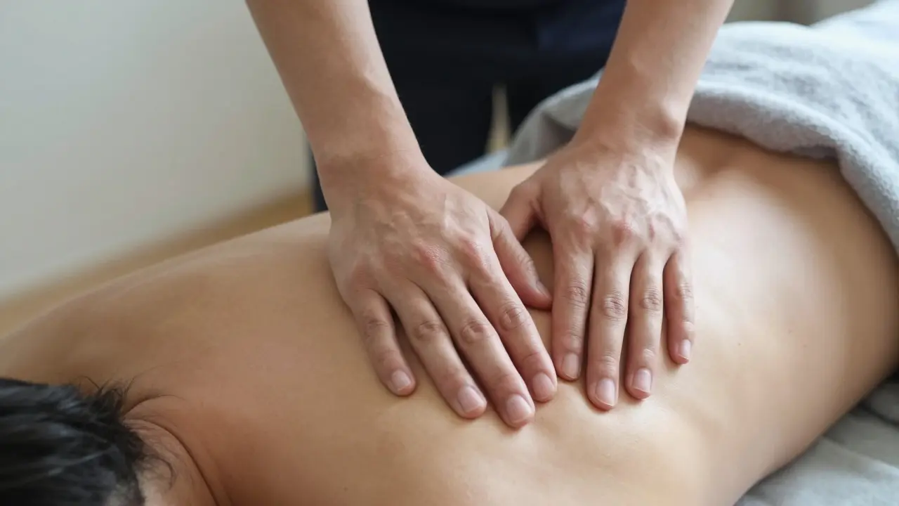 Gentle hands applying soft manual therapy to a patient's spine, illustrating the non-invasive nature of the Dorn method.