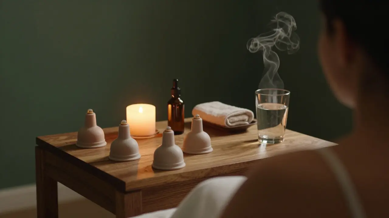Klidná místnost s přípravky na domácí baňkování a relaxaci