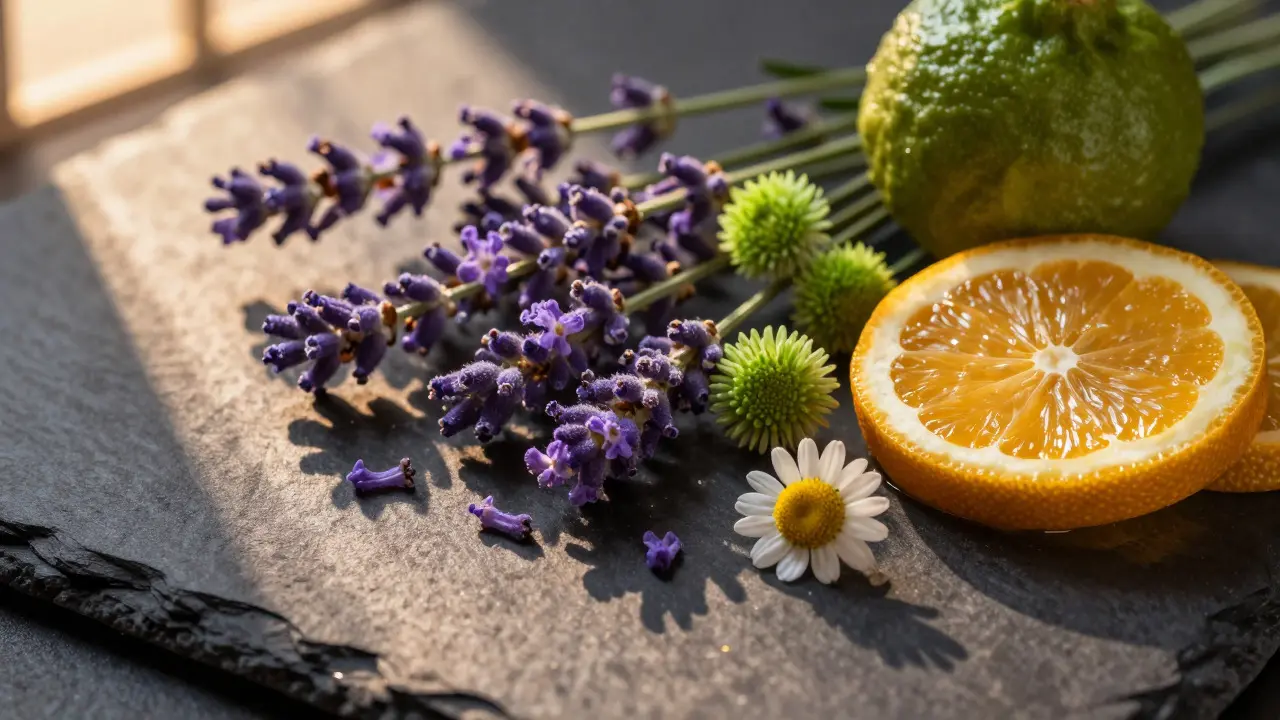 Čerstvá levandule, heřmánek a bergamot na kamenném povrchu