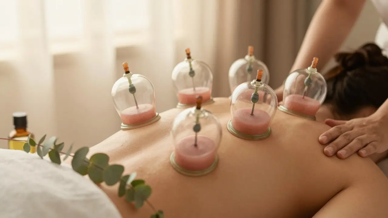 Close-up of cupping therapy on a back in a relaxing spa setting