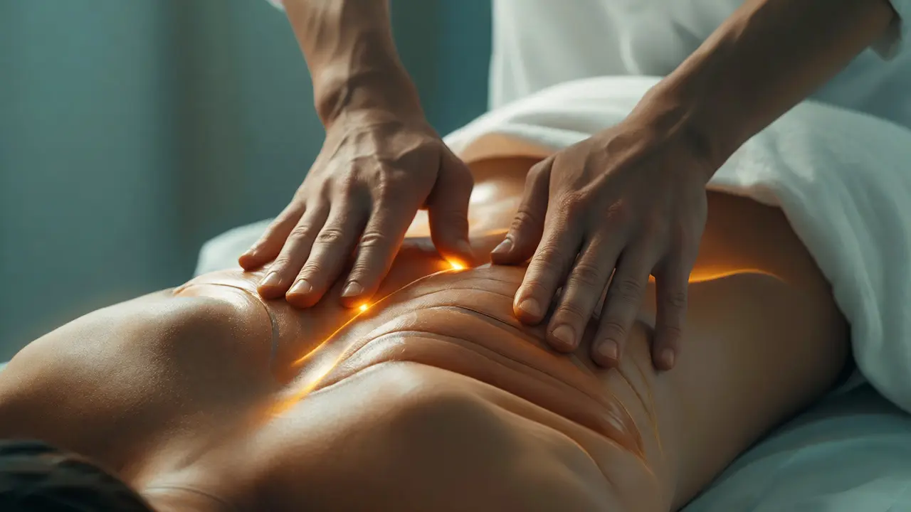 Ruce terapeuta uvolňující napětí ve svalech podél páteře
